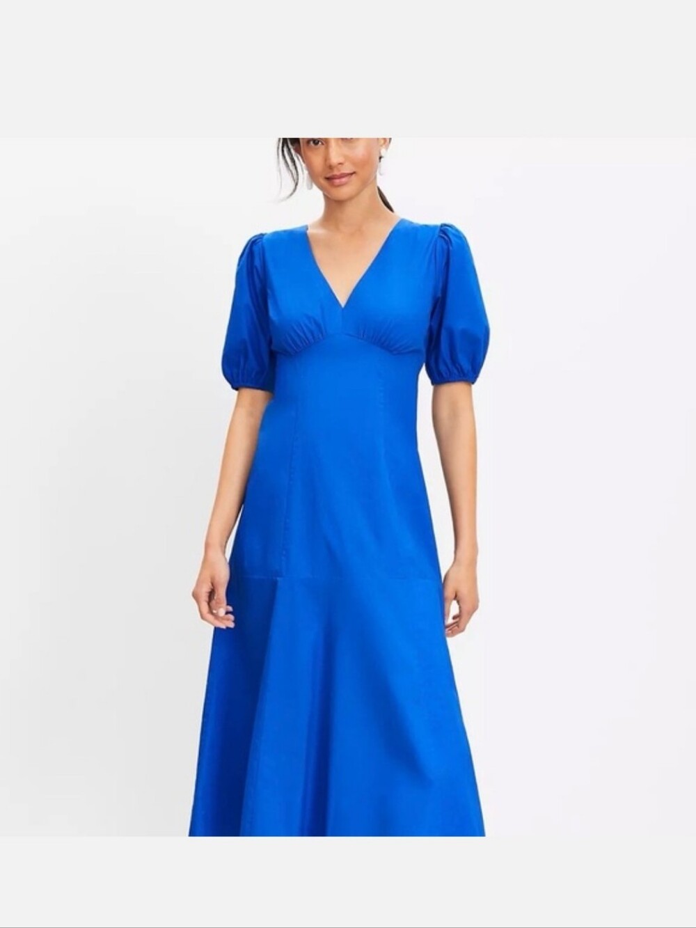 NWT LOFT Cobalt V-Neck Midi Dress with Puff Sleeves